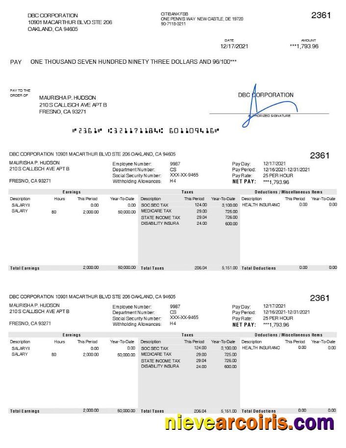 DBC Corporation pay stub
